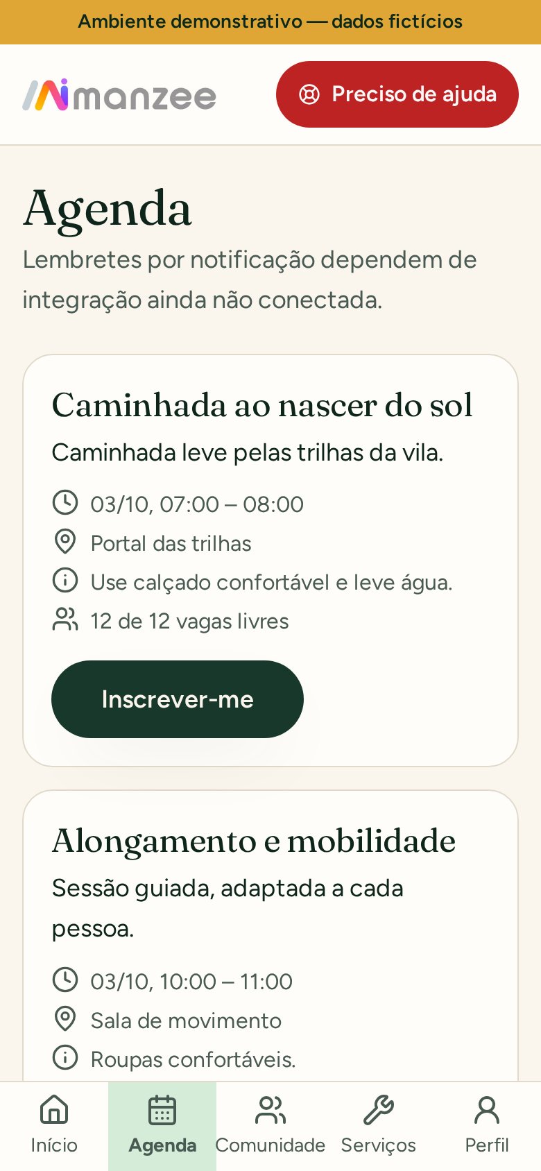 Tela da agenda do app Meu Manzee