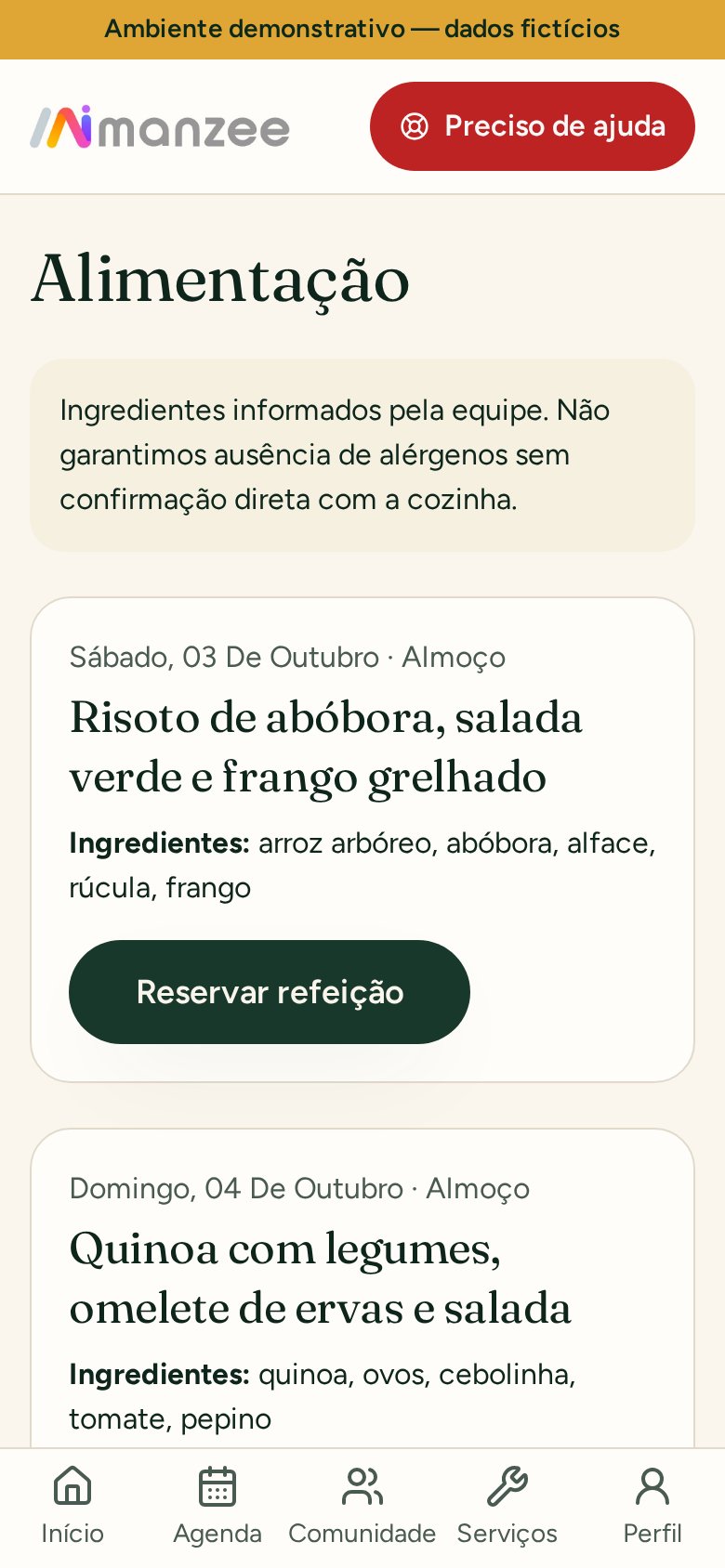 Tela de alimentação do app Meu Manzee