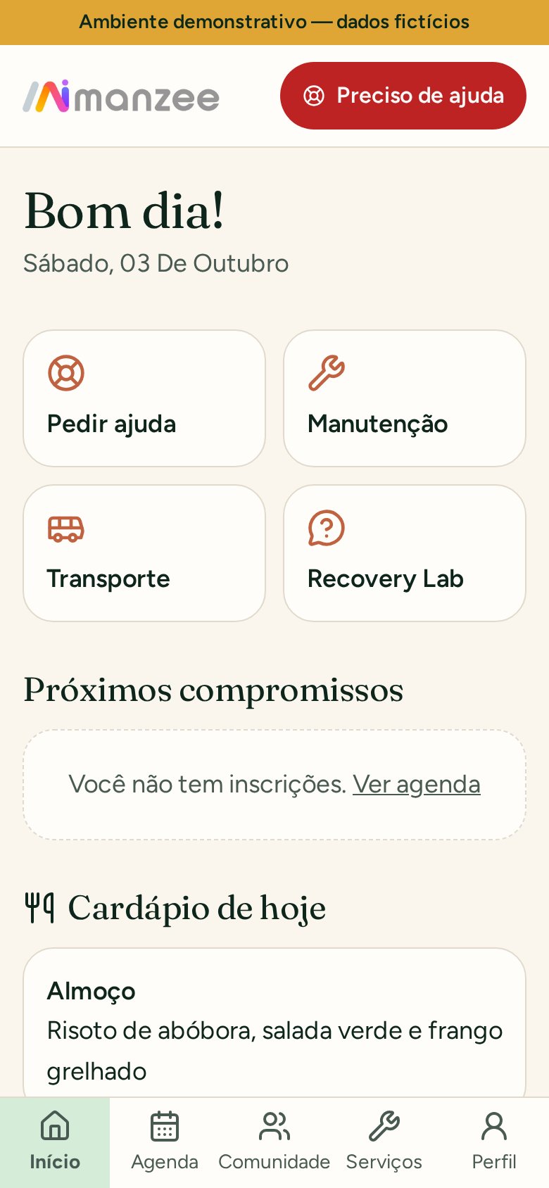 Tela inicial do app Meu Manzee, com o botão Preciso de ajuda