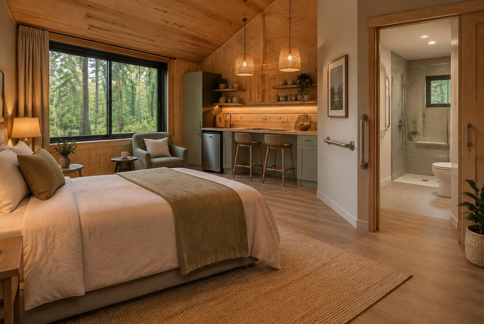 Interior da casa Manzee em madeira, com cama, copa e banheiro acessível