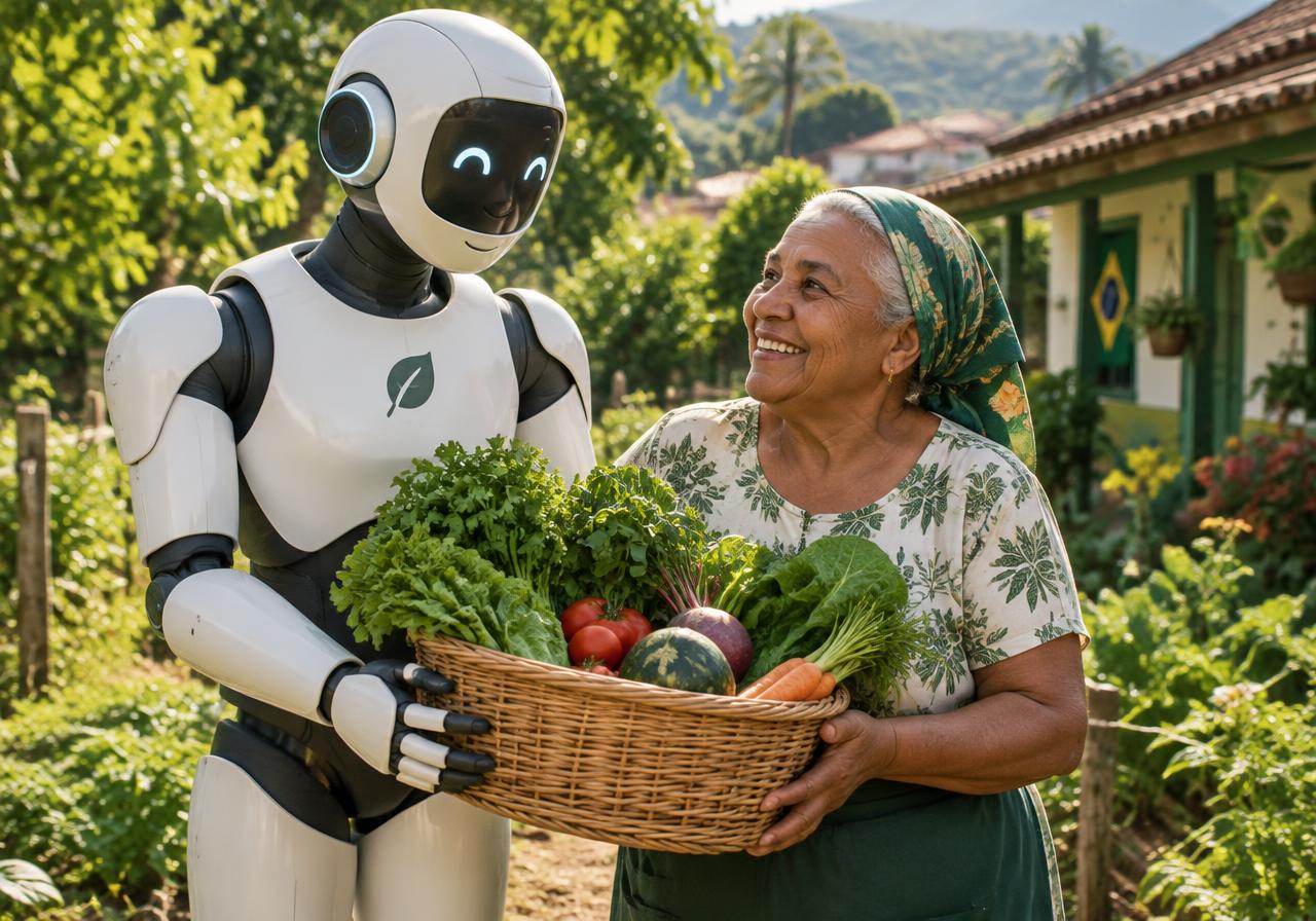 Ilustração de um robô humanoide ajudando uma moradora a carregar uma cesta de legumes da horta
