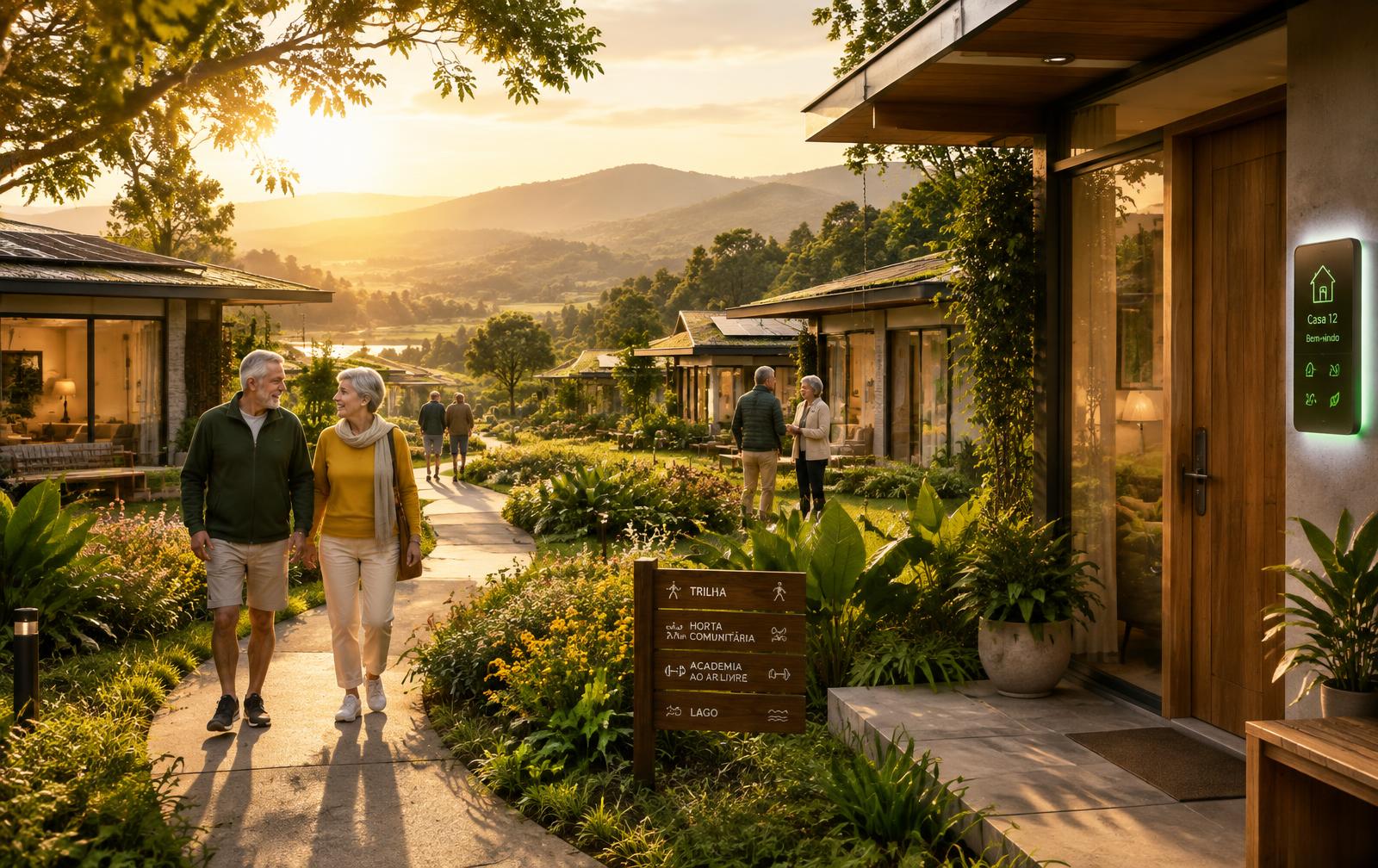Casal caminhando numa vila Manzee ao nascer do sol, com casas inteligentes e jardins